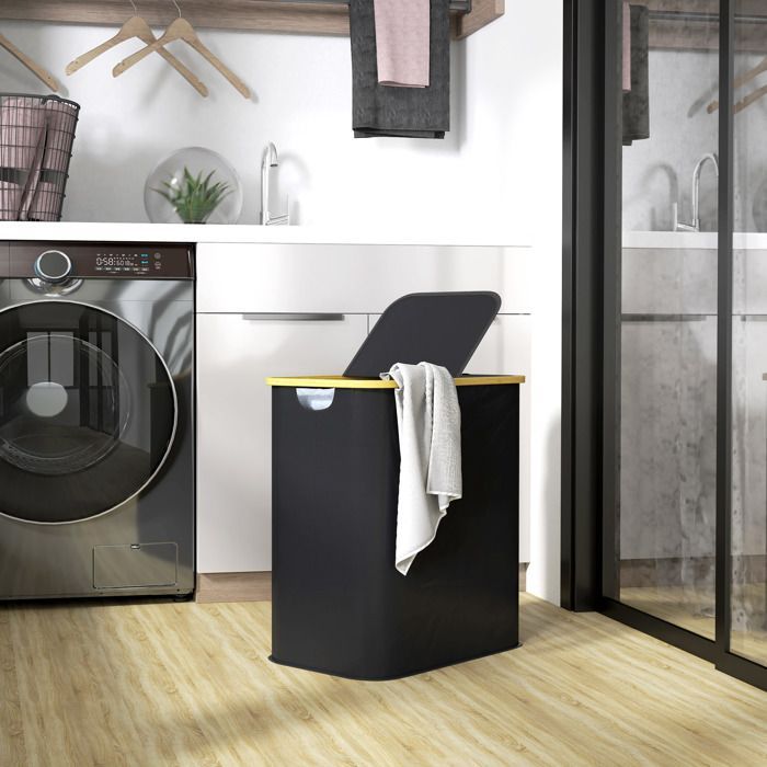 Cesto de ropa - HOMCOM - doble plegable 80 L - tapa - asas acanaladas - negro