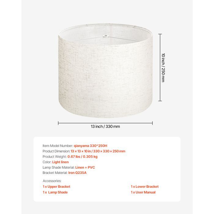 Drum Lampshade - VEVOR - 33x33x25 cm - Medium Linen Replacement Lampshade for Table Lamps, Floor Lamps and Pendant Lights