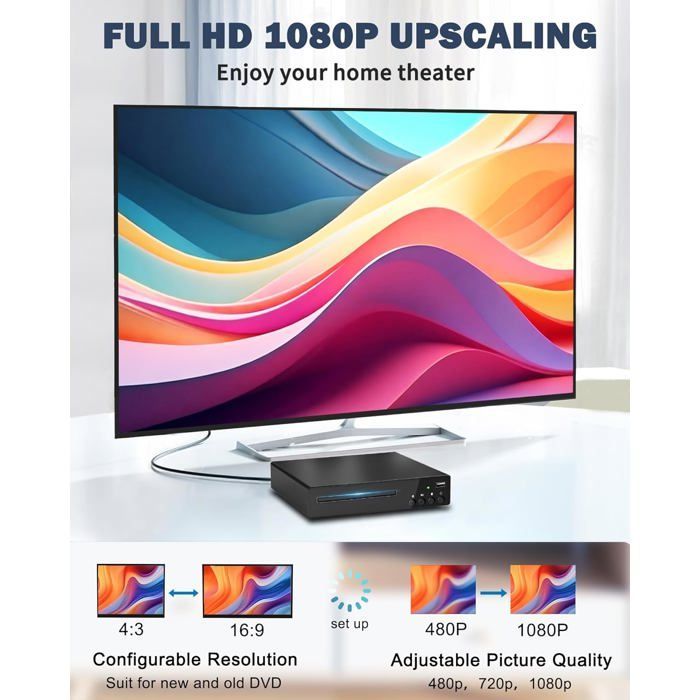 Lecteur DVD Compact pour TV, Lecteur DVD pour la Maison avec HDMI, RCA, USB, télécommande, lecteurs de disques Toutes régions