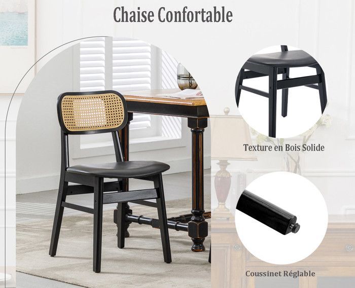 Wahson Chaise de Salle à Manger Lot de 2 Chaise Salle à Manger Bois Rétro et Rotin, Chaise de Cuisine pour Salon, Cuir PU, Noir
