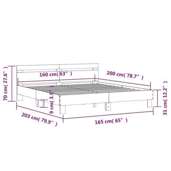 vidaXL Cadre de Lit avec Tête de Lit et LED, Lit Double avec Sommier à Lattes, Lit Adulte de Chambre, Noir 160x200 cm Bois 3207533