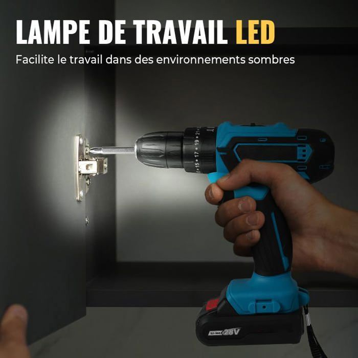 Taladro atornillador inalámbrico de 28 V, par de apriete de 32 N·m, con 24 accesorios + 2 baterías + cargador.