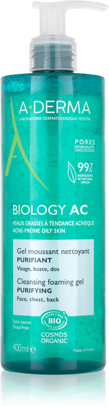 Gel de limpeza espumante A-Derma Biology AC para pele oleosa e mista.