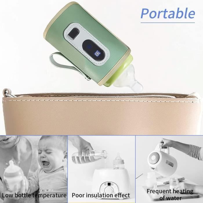 1PCS Portable Adjustable Temperature Baby Bottle Warmer, USB Wireless Baby Bottle Warmer, Car Baby Bottle Warmer with LCD Screen, Green