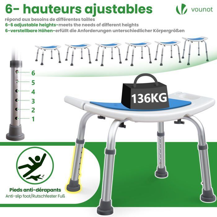 VOUNOT® Siège de douche ergonomique - Hauteur réglable - Pieds antidérapants - Tabouret en Aluminum HDPE - Bleu
