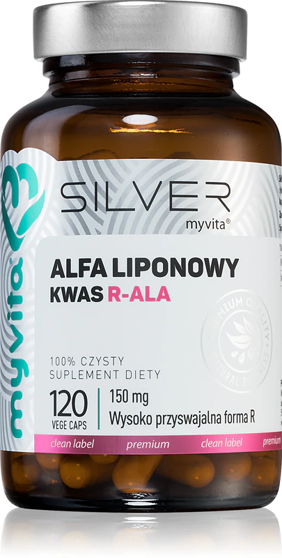 Cápsulas de suplemento alimentar MyVita Silver com ácido alfa-lipóico (R-ALA) e propriedades antioxidantes.