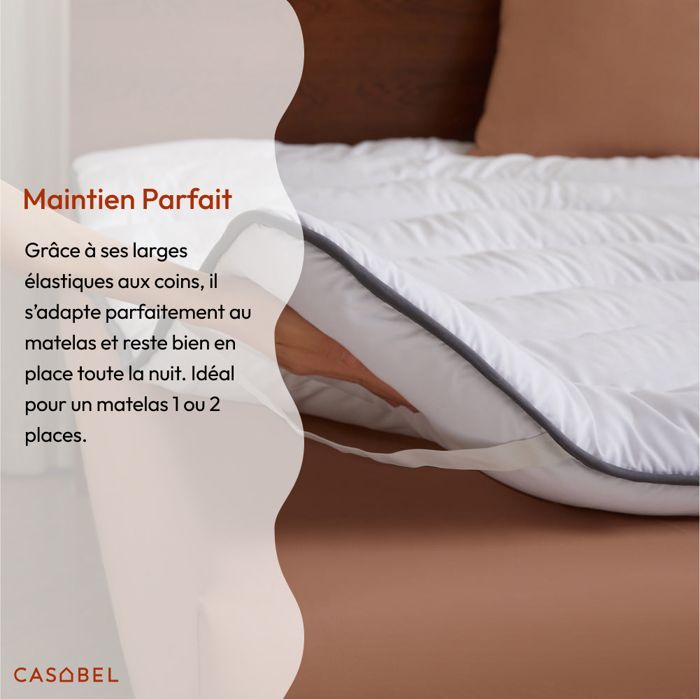 CASABEL Surmatelas Enveloppant 120 x 195 cm en Microfibre Respirante avec Liseré Gris – Ultra Moelleux, Anti-Acariens – 2 Places