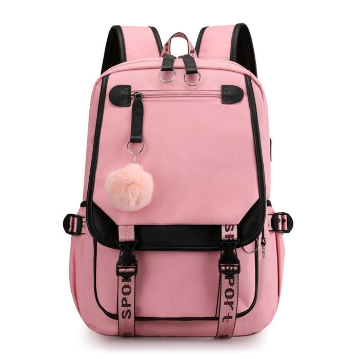 Mochila escolar impermeable de nailon, ideal para primaria y secundaria (niños y niñas), con puerto de carga USB y espacio para auriculares - Rosa
