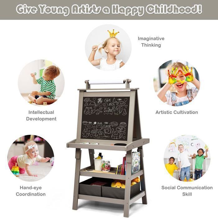 Tableau Enfant COSTWAY  Blanc Magnétique et Noir, Rouleau de Papier (Papier inclus), 3 Etagères et 2 Bac de Rangement Gris