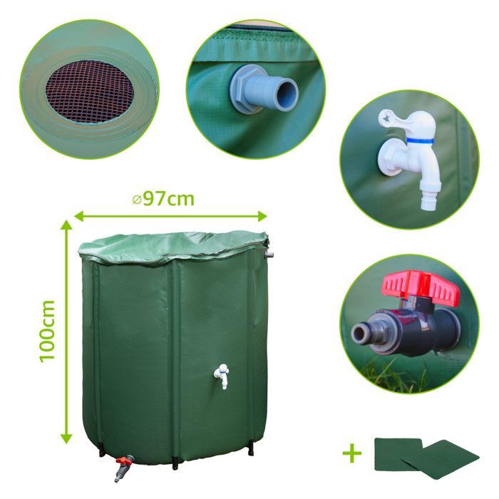 Tanque de recolección de agua de lluvia de 800 litros, tanque flexible de PVC reforzado - Plegable - Con grifo y válvula de alivio - Filtro