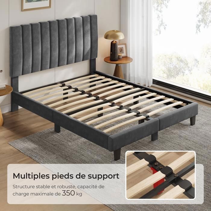 HavenlyHome 140x190 cm Bed, Upholstered Linen Bed with Headboard, Double Bed with Slatted Base, Adult Bed for 2 People, Grey