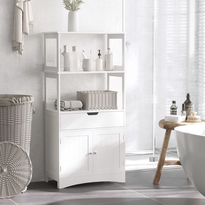 Meuble de rangement salle de bain - kleankin - 2 portes tiroir 3 étagères mobilier - MDF - 60x33x122cm - blanc