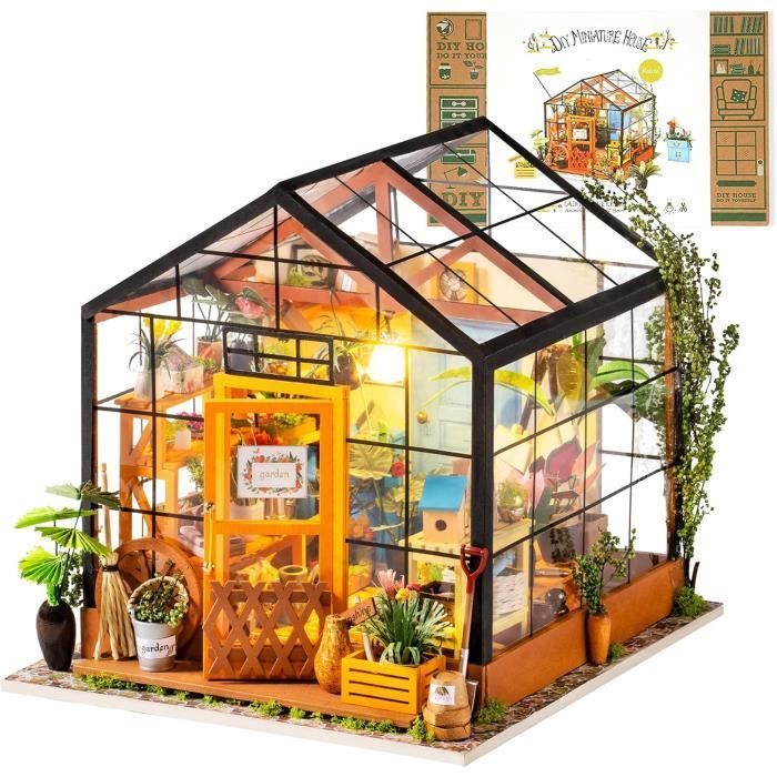 Cathy's Mini Flower House Miniature Dollhouse Greenhouse, Wooden DIY Model Set, Birthday Gift for Adults, Women, and Girls