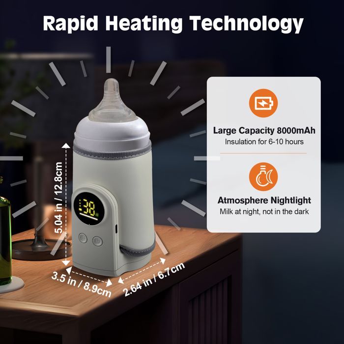 Portable Baby Bottle Warmer, Wireless USB Bottle Warmer with LED Screen and Night Light, Fast Heating, 8000 mAh, for Water