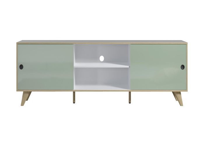 Mobile porta TV Melanie con 2 ante e 2 ripiani, bianco, verde e legno naturale.