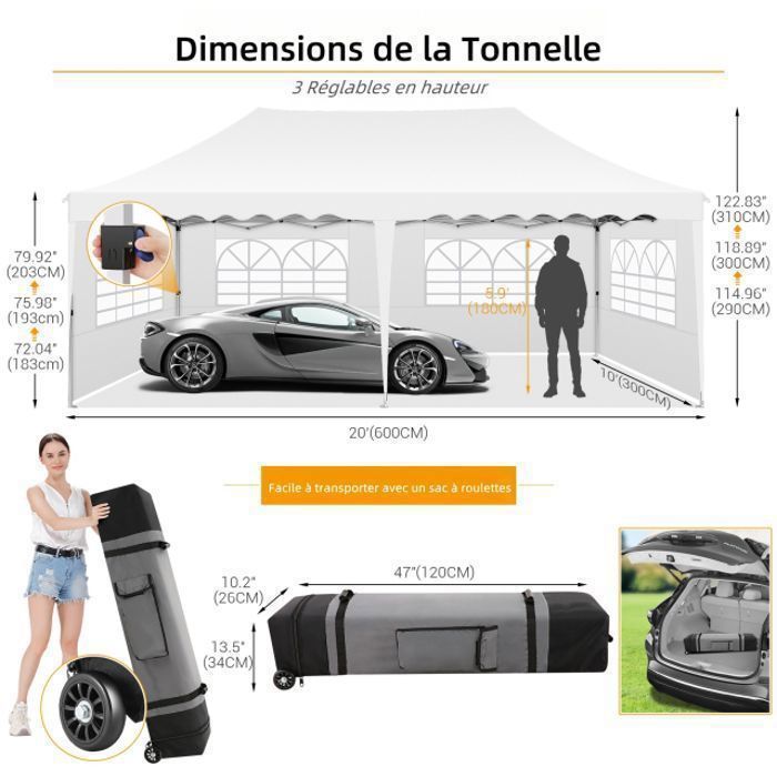 Gazebo/Padiglione da giardino pieghevole 3x6, impermeabile, con 6 lati, ideale per feste, giardini, festival, mercati e matrimoni - Bianco