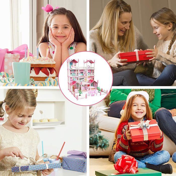 Casas de muñecas para niñas con muebles y decoración, 11 habitaciones, 4 figuras, 4 pisos, luces, regalo DIY para
