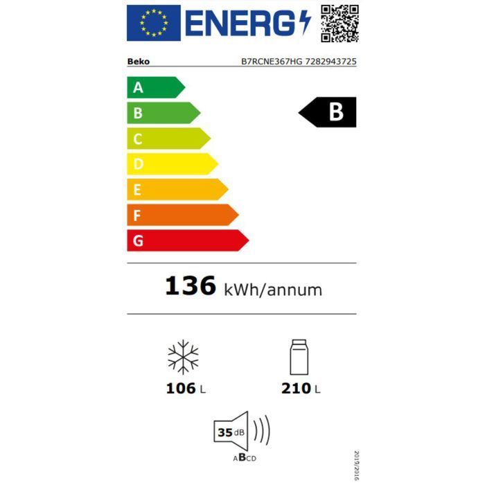 Frigorífico combinado BEKO bPro Serie 500 - B7RCNE367HG - 2 puertas - 316 L - Clase energética B - 59,5 x 66,3 x 186,5 cm - Gris Manhattan