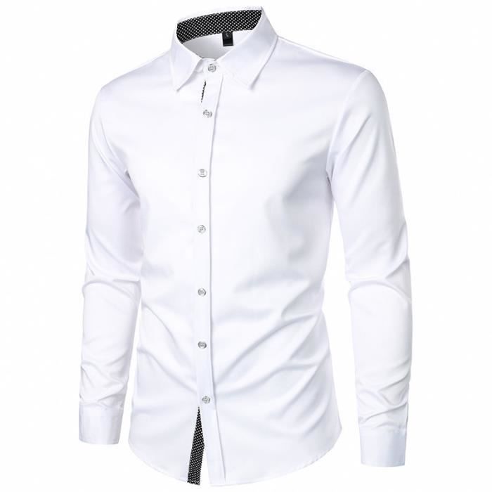 Camisa de vestir para hombre, manga larga, corte ajustado, cuello cuadrado con lunares en contraste, cómoda - Talla europea - Blanca