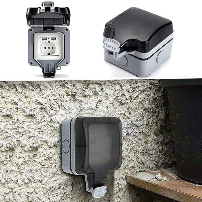 Enchufe de pared impermeable IP66 AIMOONSA – Toma de corriente exterior con tapa y puertos USB