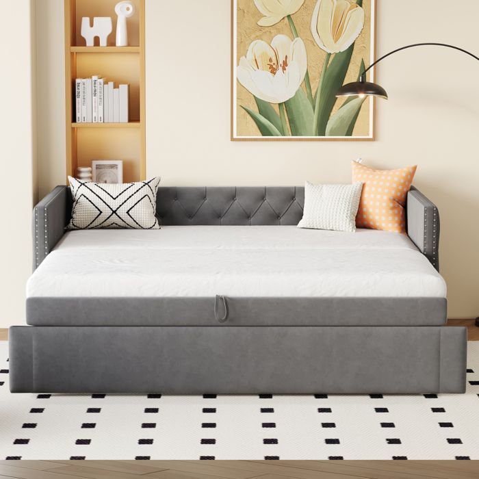 Lit banquette convertible en velours gris avec capitonnage, sommier à lattes
