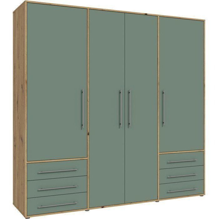 Bedroom wardrobe - MOKKARO - Sage Green and Oak finish - 4 hinged doors - 6 drawers - W205.9 x D53 x H200 cm