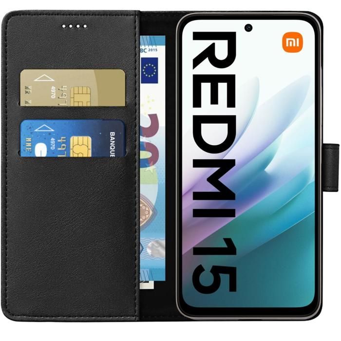 Coque - PHONILLICO - Xiaomi Redmi 15 - Portefeuille Noir - Clapet Aimanté - Rangement Cartes
