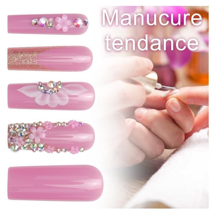 Conjunto de manicure e pedicure INN, 24 unhas postiças brilhantes estilo rosa francês com joias e diamantes.
