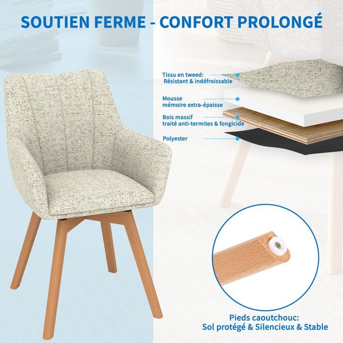WAFTING Lot de 4 Chaises de Salle à Manger Pivotantes 360°, Accoudoirs et Pieds Bois, Dossier Haut avec Coussin en Molleton.Kaki.