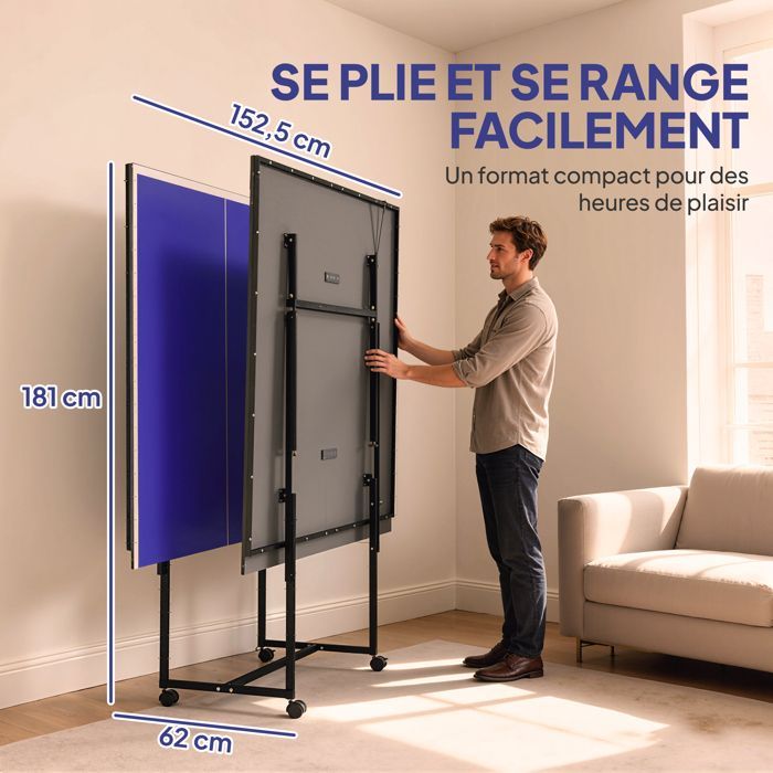 Table de tennis de table - SPORTNOW - ping-pong pliable compacte 4 roulettes intérieur - bois - 274x152,5x75,5cm - bleu