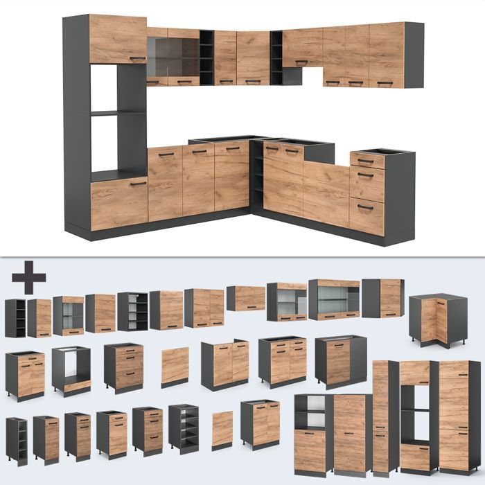 Vicco R-Line hoekkeuken 247x46cm zonder PT Golden Oak Antraciet 37697
