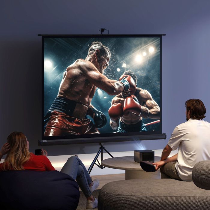 Tela de projeção - HOMCOM - Tela 4K HD 4:3 - Suporte tripé - Altura ajustável - 131x92x203cm - Branca e preta