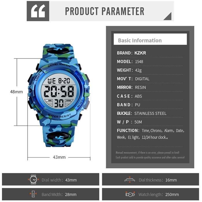 KZKR Montre Numérique pour Enfant Garçon Chronomètre 12-24H avec Réveil Montre de Sport Camouflage