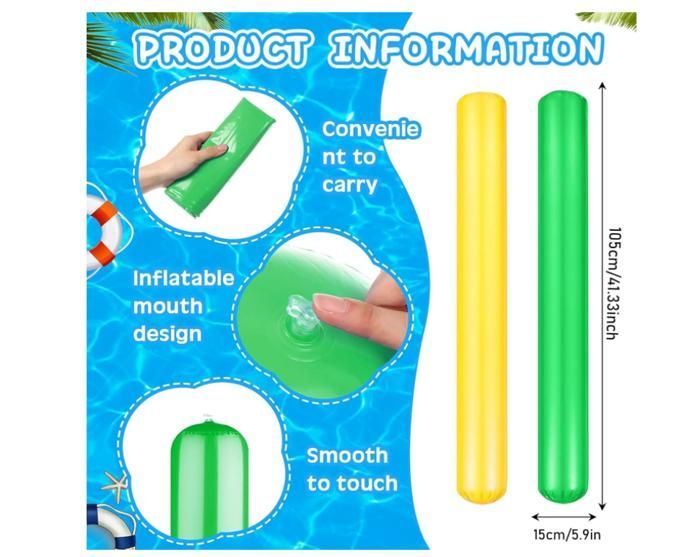 2 Pieces Inflatable Pool Noodles, 105 cm Inflatable Pool Noodles, Swimming Noodles for Pool, Pool Noodles, Yellow, Green