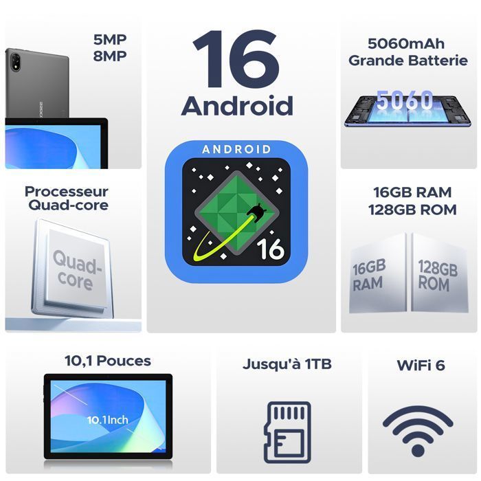 Tablet DOOGEE U10 de 10 polegadas, Android 16, 16 GB + 128 GB, Widevine L1, bateria de 5060 mAh, Wi-Fi 6, Widevine L1 - Roxo