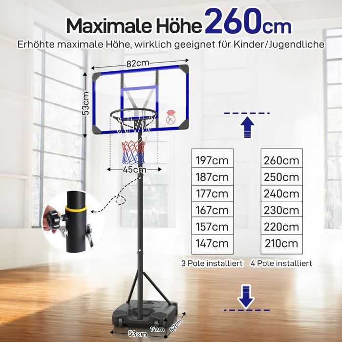 Freestanding Basketball Hoop, Adjustable Height 147-260CM, Portable for Children/Adults, Indoor/Outdoor Use