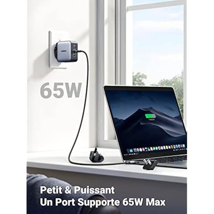 Chargeur de Voyage - UGREEN - Nexode 65W - 3 Ports USB C - Adaptateur International - Charge Rapide