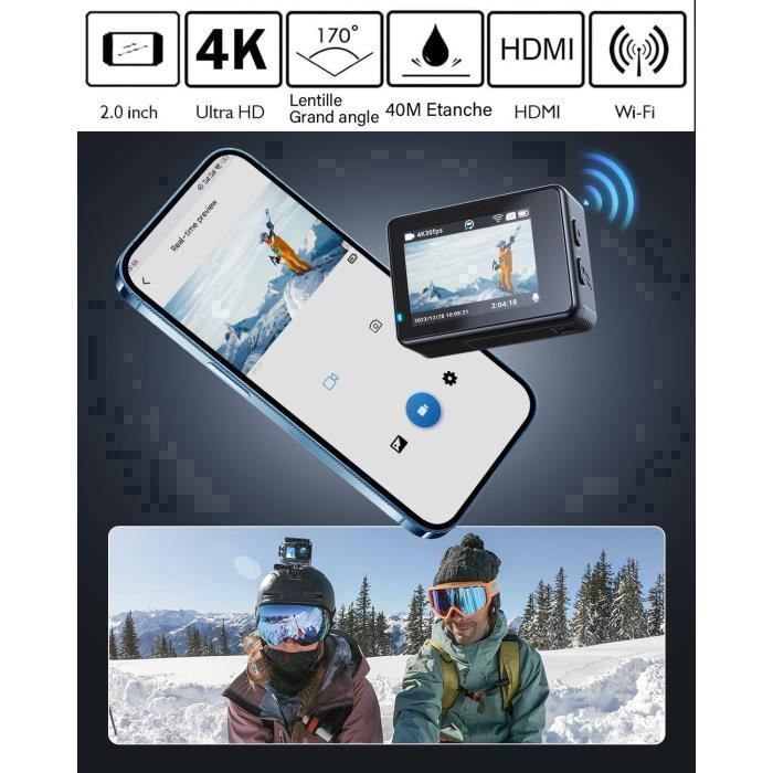 4K 60fps 24MP WiFi Sports Camera - Waterproof up to 40M with Stabilization, Suitable for Travel and Sports