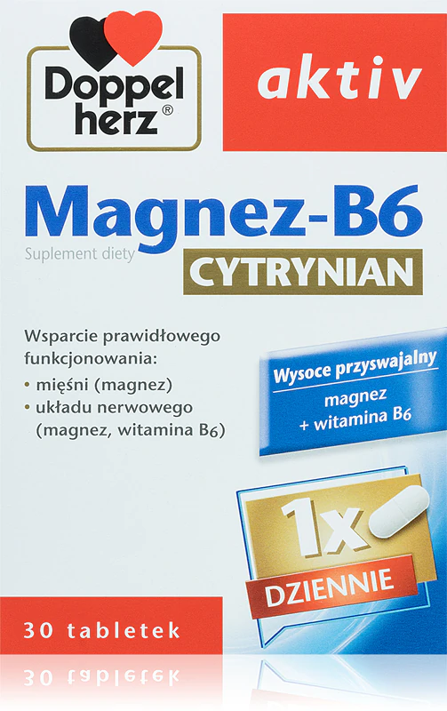 Comprimidos de suplemento alimentar Doppelherz Active Magnesium-B6 Citrate para reduzir a fadiga e o cansaço.