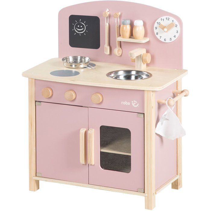 Cuisine en bois pour enfant - ROBA - Équipée avec accessoires - Rose / Naturel