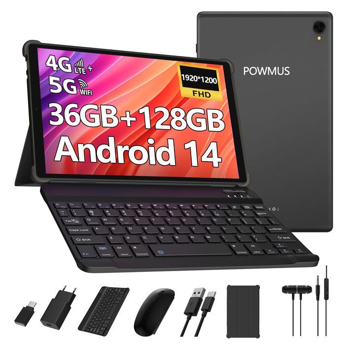 POWMUS 10,1 inch touchscreen tablet, Android 14, 36 GB + 128 GB, 1920*1200, octa-core, 4G LTE/5 GHz wifi, 8000 mAh batterij, inclusief toetsenbord en muis, zwart
