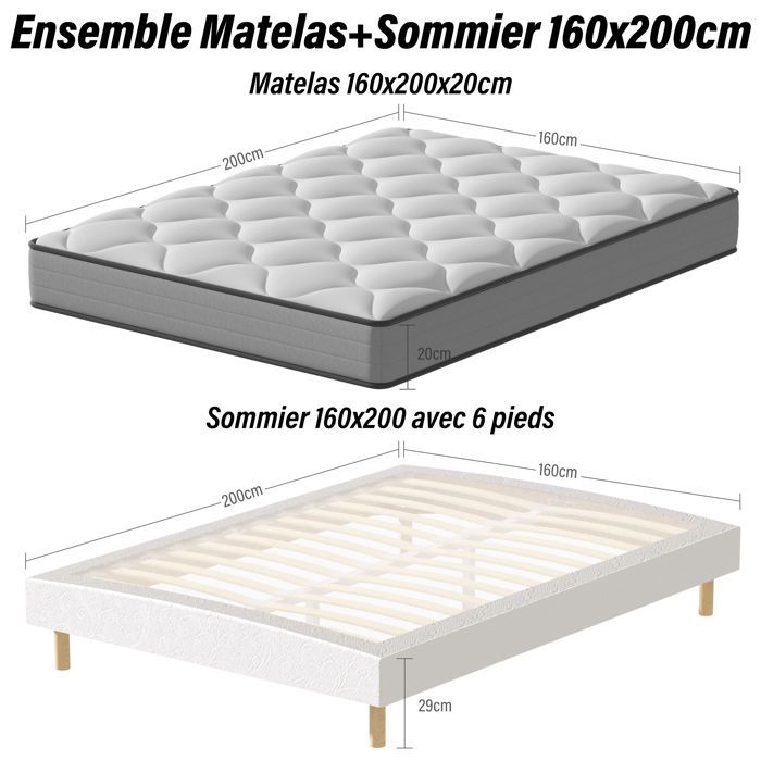 Colchón de muelles TEENO de 160x200 cm + base de láminas, colchón híbrido de muelles ensacados, base de láminas protectoras tapizadas de 20 cm de grosor.