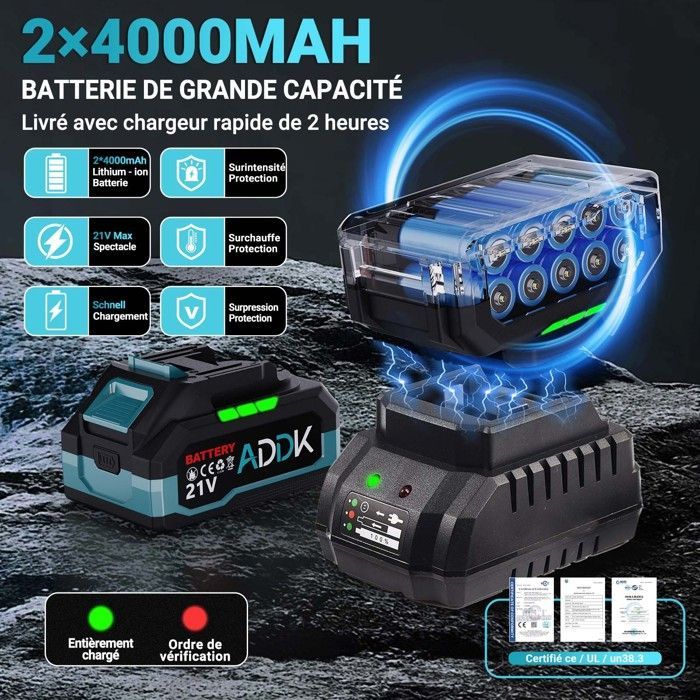 Llave de impacto eléctrica sin escobillas de 21 V, llave de impacto inalámbrica con par máximo de 1600 Nm, baterías de iones de litio de 4000 mAh, azul claro.
