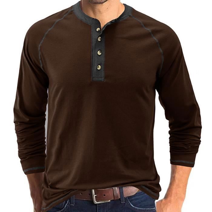 Camisa Henley de manga larga para hombre, corte recto informal - INSFITY - Café - Cuello abotonado