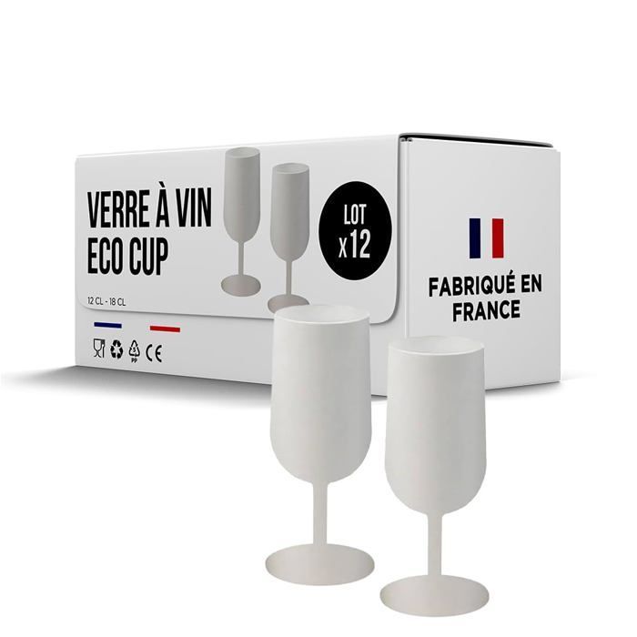 Eco Cup Reusable Wine Glasses 12cl (18cl to the brim) MADE IN FRANCE - Made of Polypropylene, White Glass