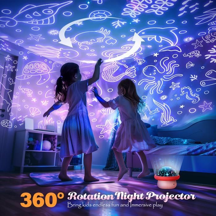 Lámpara de noche infantil ATOPDREAM con forma de seta, estrellas, unicornios y sirenas intercambiables, rotación de 360°, temporizador, color rojo.