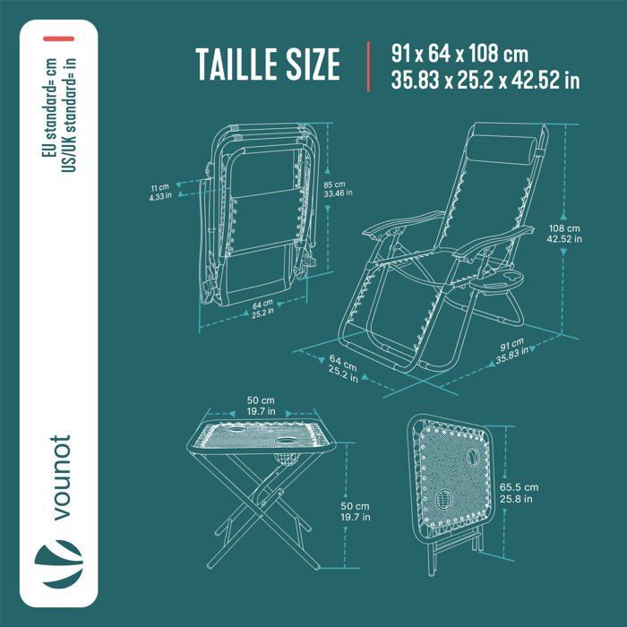 VOUNOT® Set of 2 Reclining Sun Loungers with Folding Textilene Table and Cup Holder - Max Load 120kg - Black