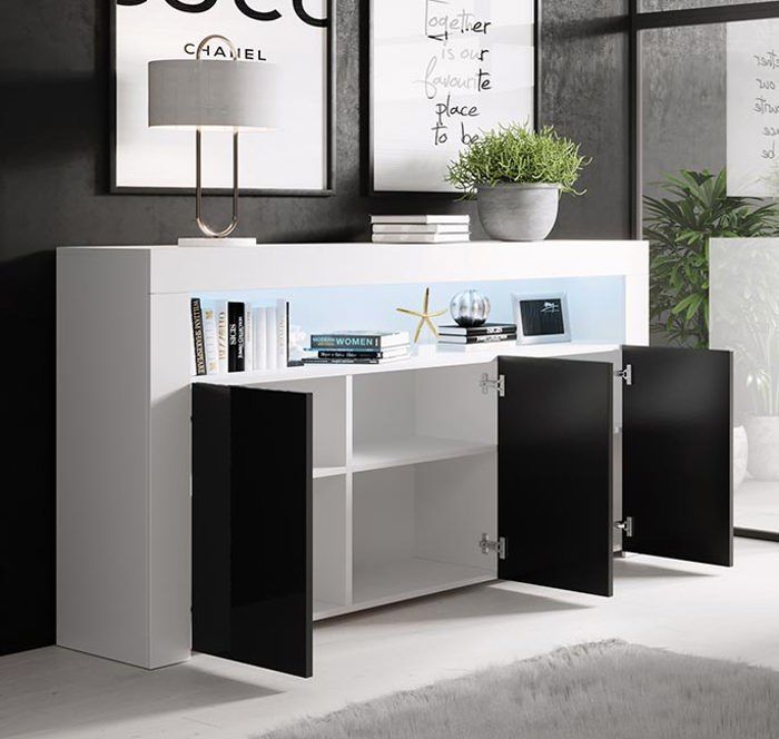 Aparador LED de 3 puertas | 155 x 91,5 x 37 cm | Acabado brillante blanco y negro | Almacenamiento | AKER