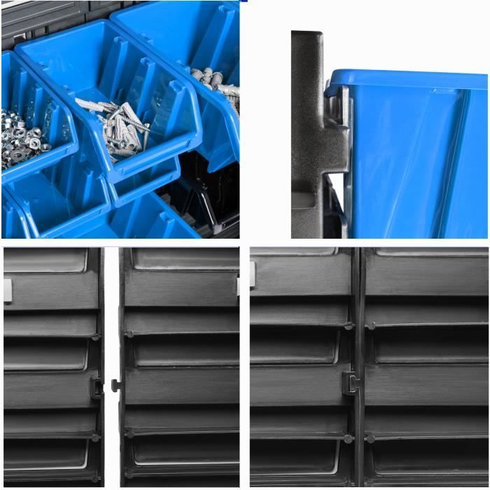 Étagère murale - BOTLE - 173x78cm - 95 Boîtes - Plastique - Couleurs Bleu et Noir