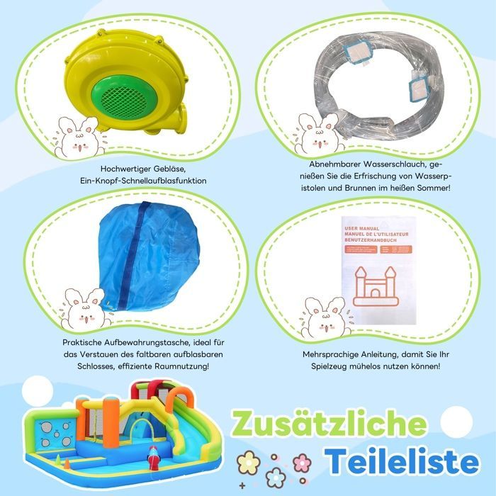 Opblaasbaar kasteel met blower, waterpark voor kinderen, waterglijbaan, werpmuur, basketbalring, klimmuur